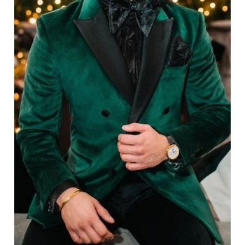 Мужские темно-зеленые бархатные костюмы, осенне-зимний блейзер, мужской жакет с двойным воротником, смокинги для званых ужинов, мужская куртка для мужской одежды